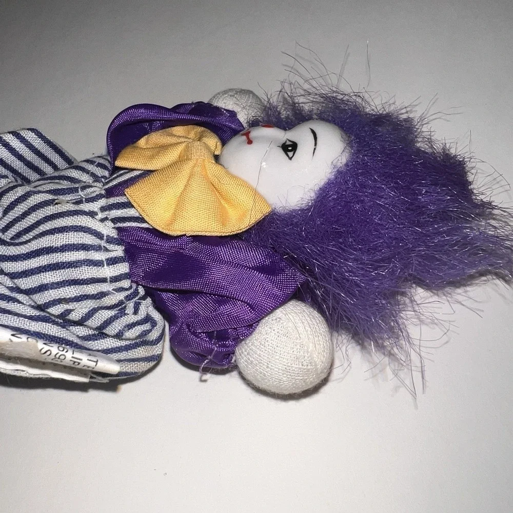 Vintage 1980s Q-Tee Sand-Filled Clown Doll Purple Hair Mardi Gras Theme NOLA